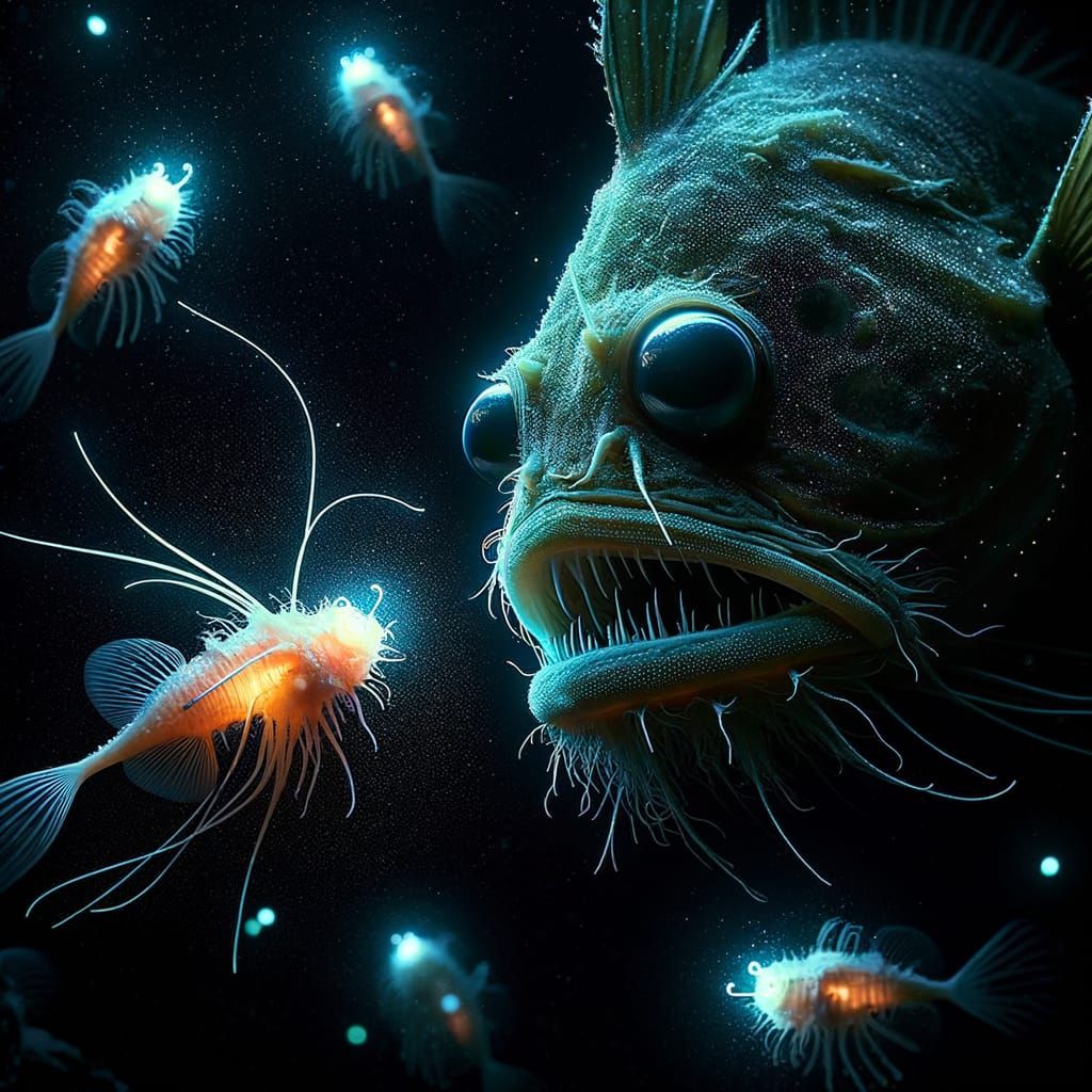 Angler Fish Stare-Down in Bioluminescent Deep Sea
