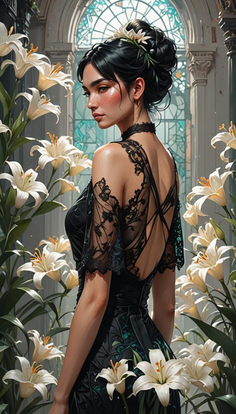 Woman with Lilies: Hyperdetailed Art Nouveau Portrait