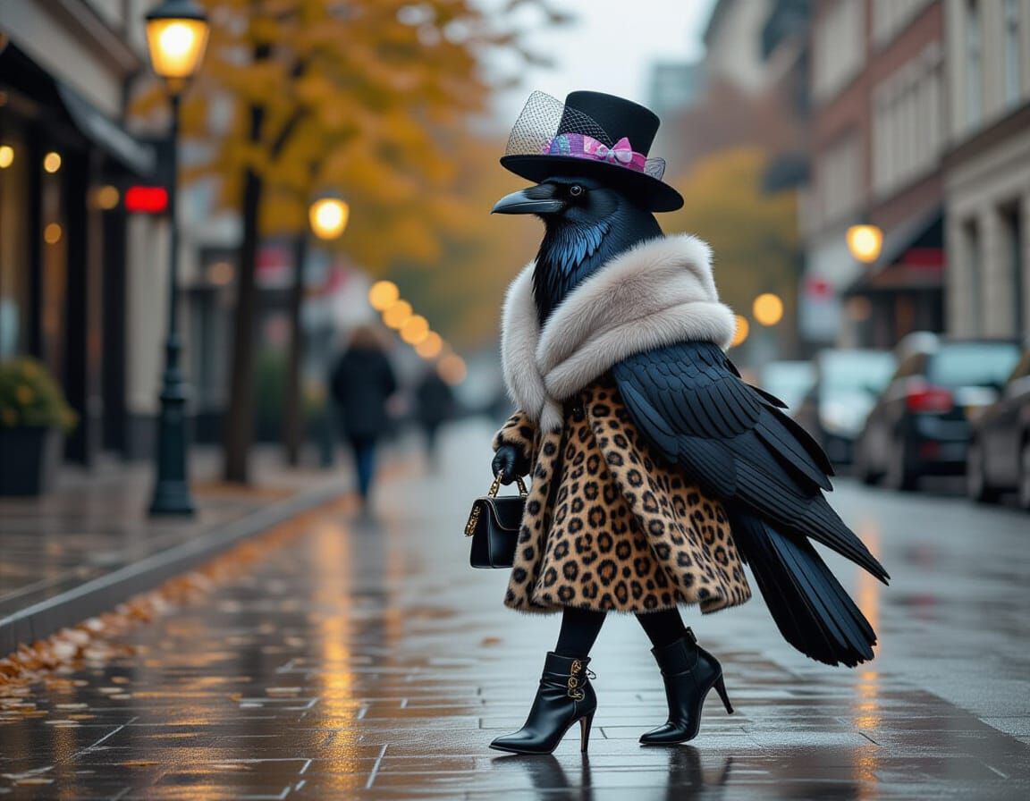 Elegant Crow in Leopard Coat Walks Autumn Street