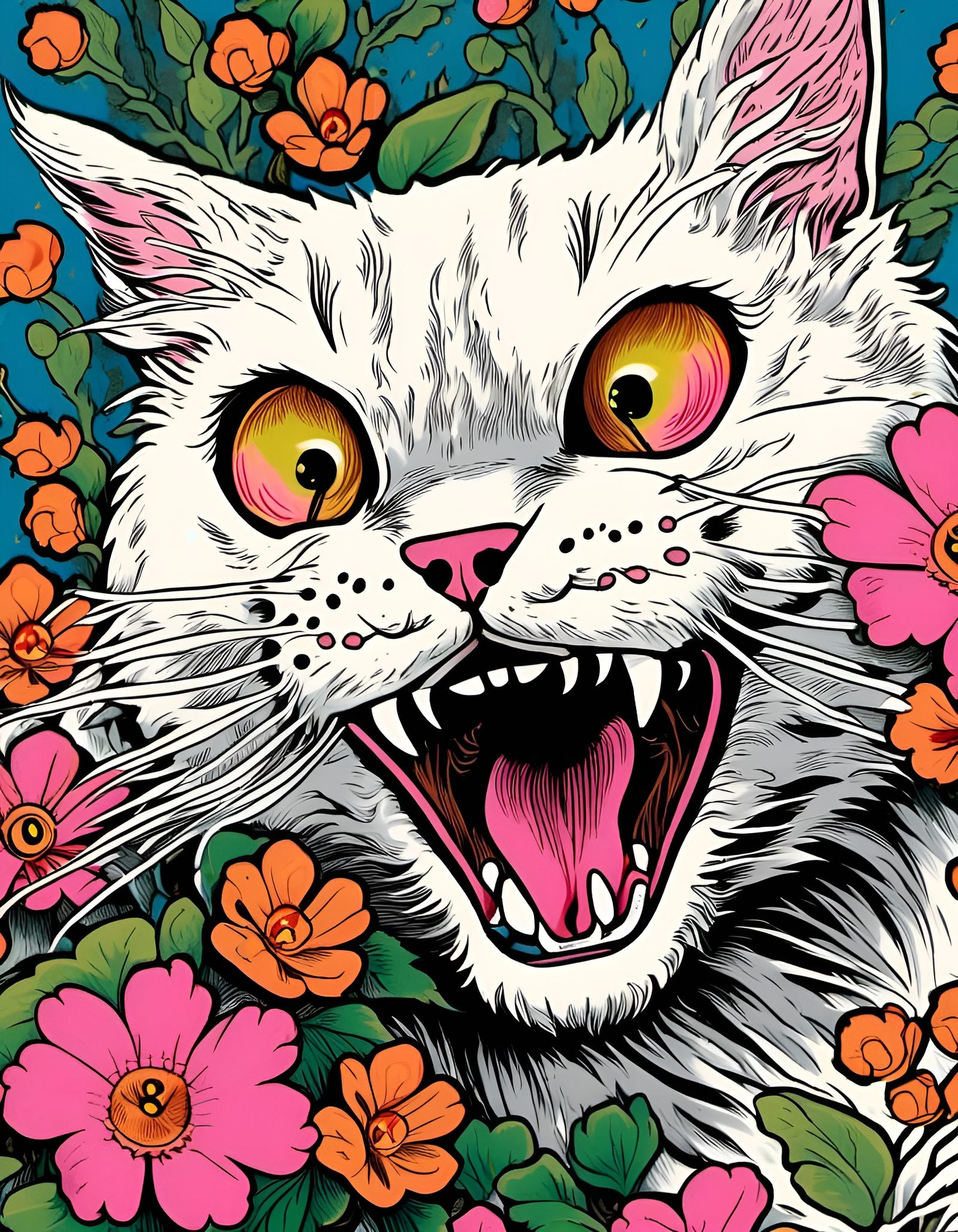 Colored Blossom Cat Drawing in Mingei Style