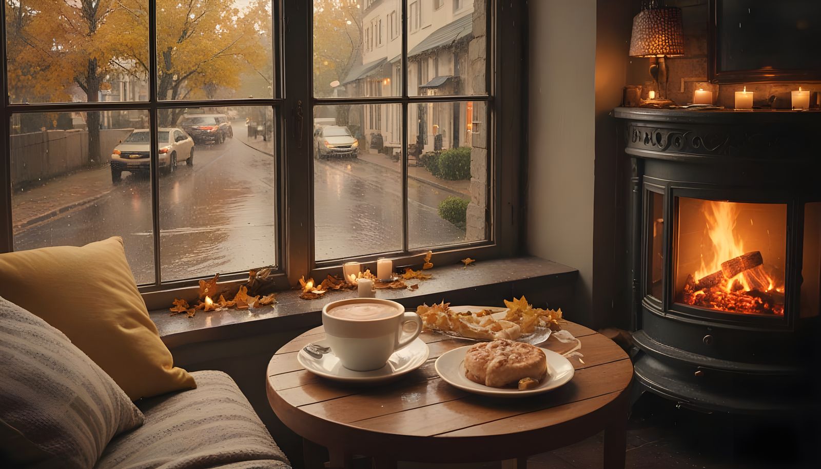 Cozy Living Room with Rainy Window View