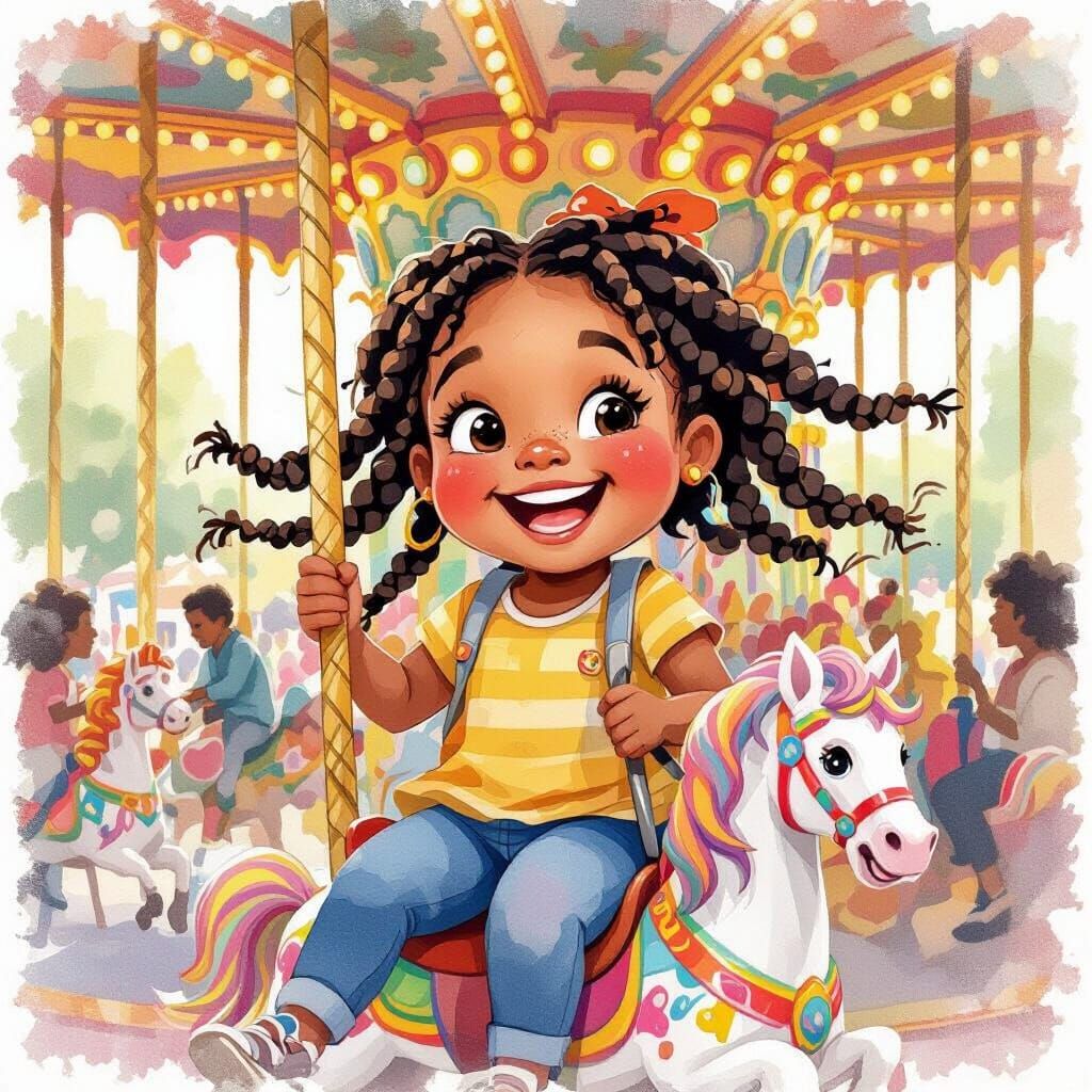 Girl on Carousel in Watercolor Style