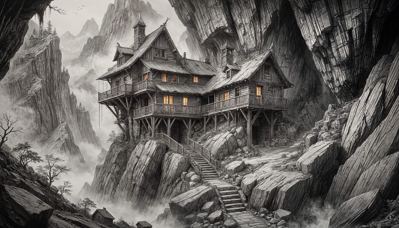 Mountain Cavern House in Pen and Ink Style