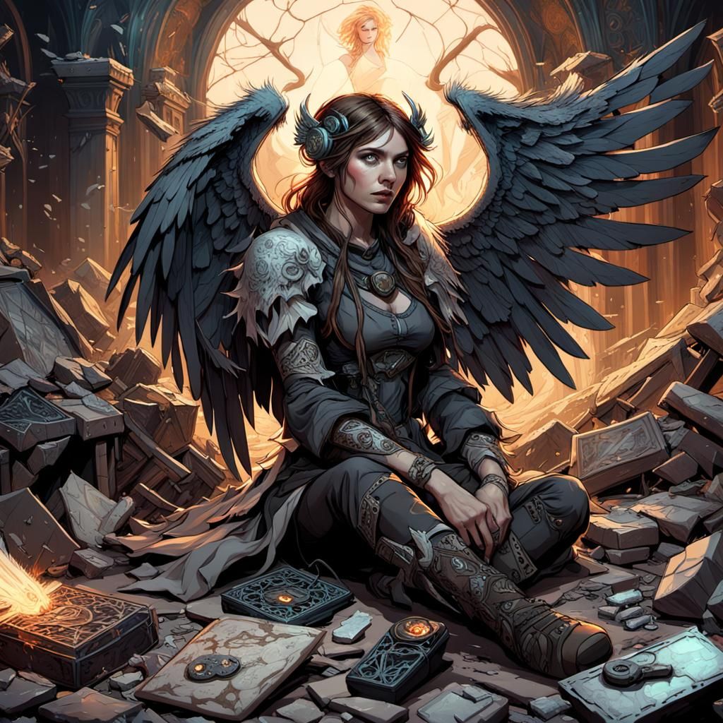 Dark Fantasy Fallen Angel Gamer Girl in Elegant, Intricate S...