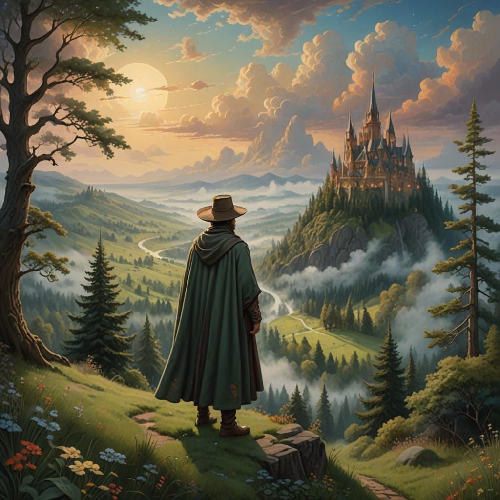 Serene Traveler Amidst Whimsical Landscape