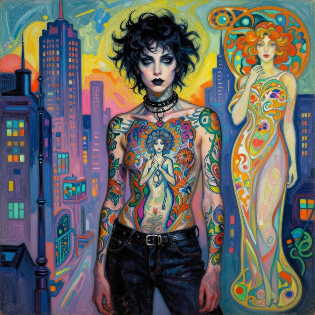 Goth Figure in Luminous Aetherpunk Cityscape