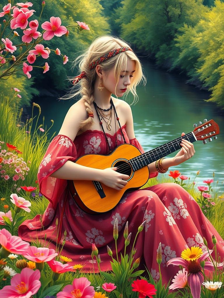 Peaceful Hippie Goddess in Vibrant Floral Wonderland