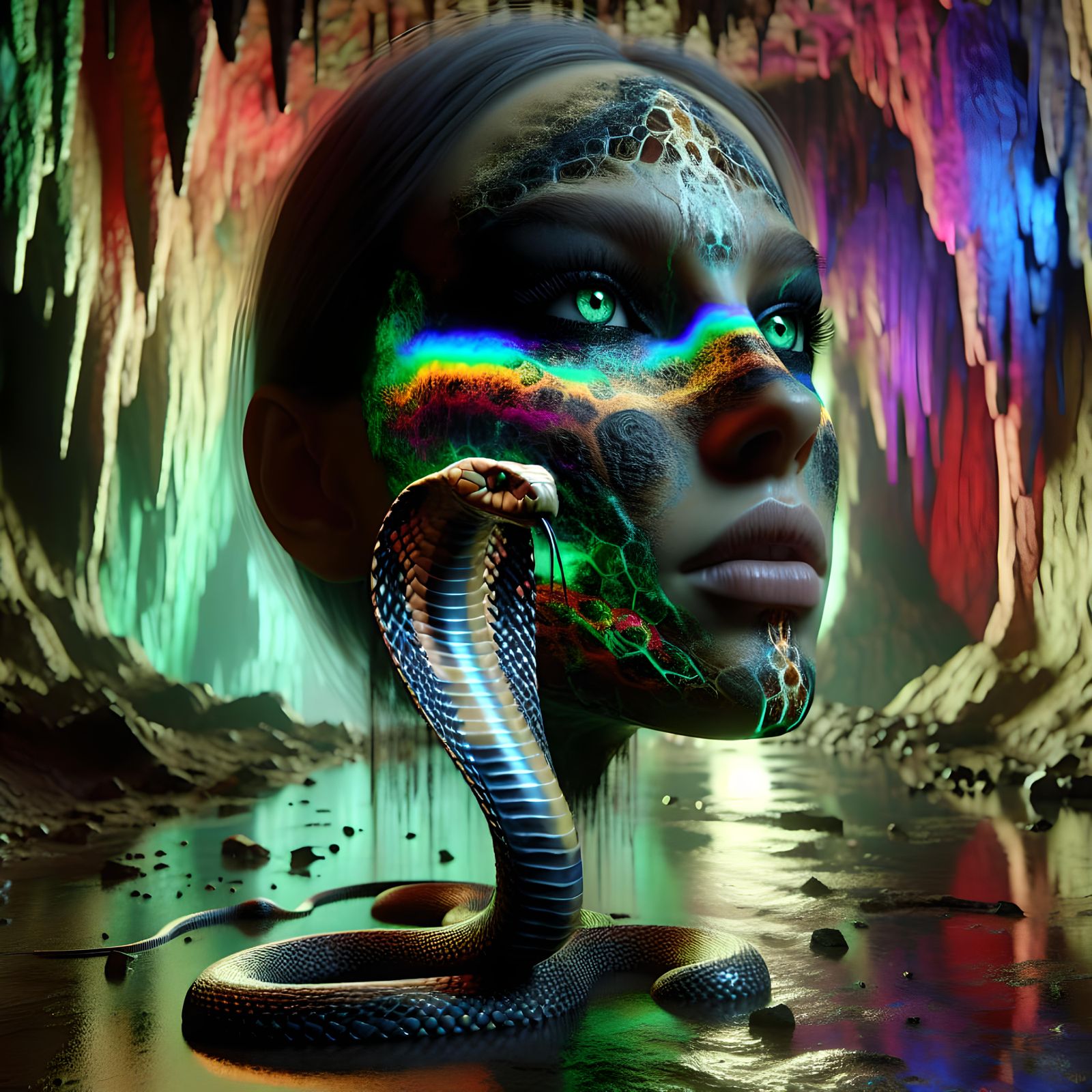 Woman with King Cobra Overlay: Digital Art Masterpiece