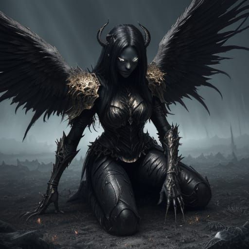 Fallen Angel Kneeling in Desolate Wasteland