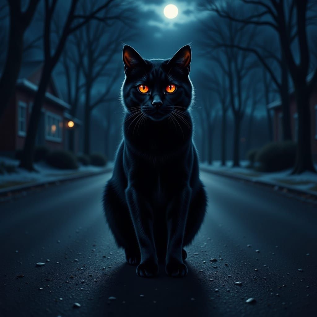 Black Cat With Glowing Red Eyes on Midnight Street