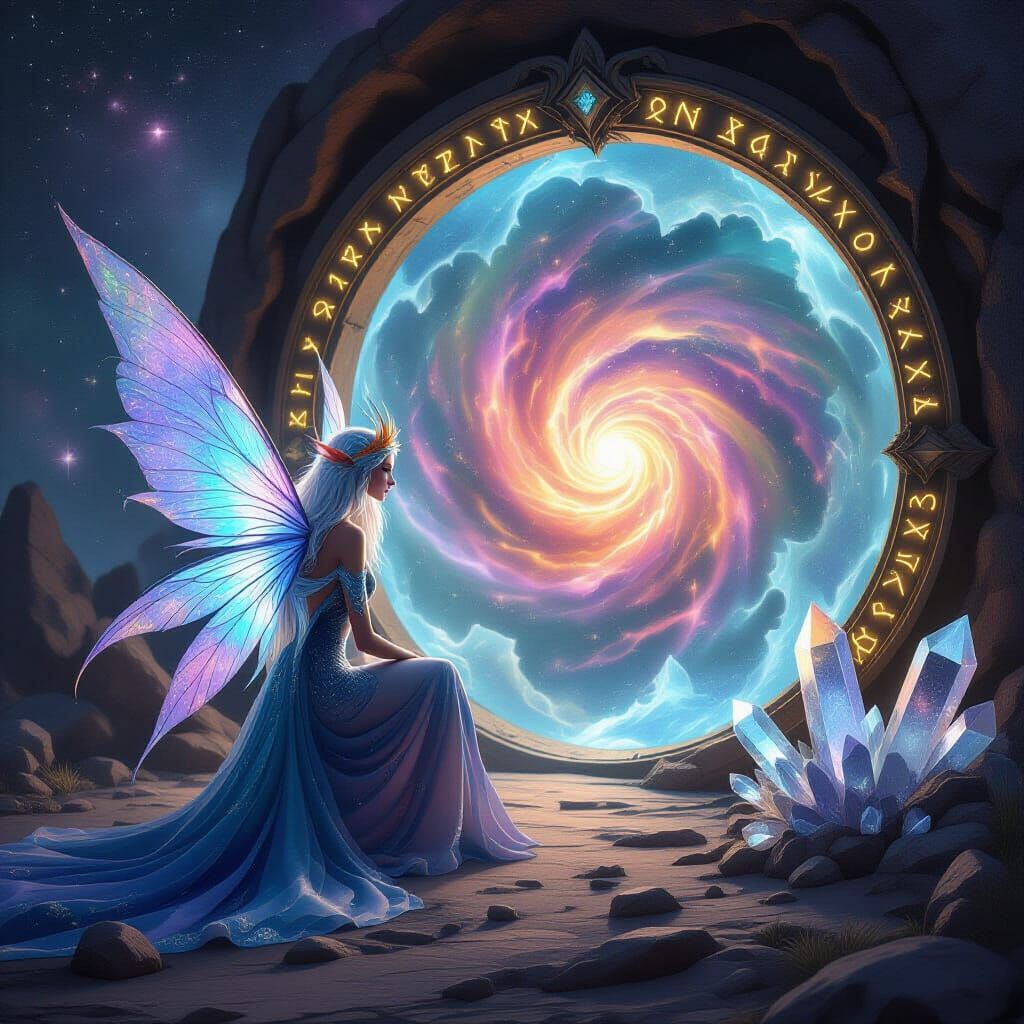 Majestic Fae Before Cosmic Portal, Surreal Fantasy Art