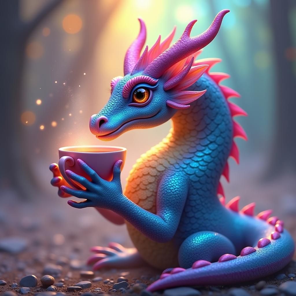 Iridescent Dragon Sipping Coffee in Mystical Forest