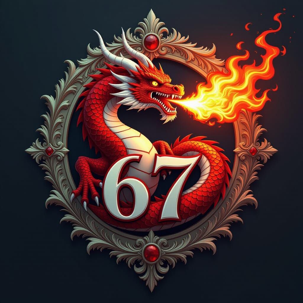 Red and White Dragon Breathing Fire in Ornate Crest