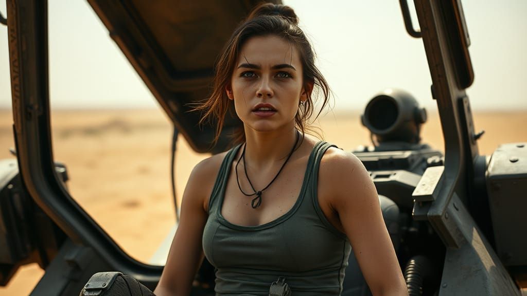 Exhausted Mech Pilot in Wasteland, Cinematic Film Still