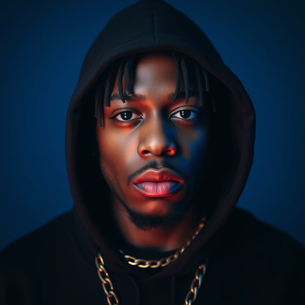 Melancholic Portrait of a Rapper in Dark Gradient Blue