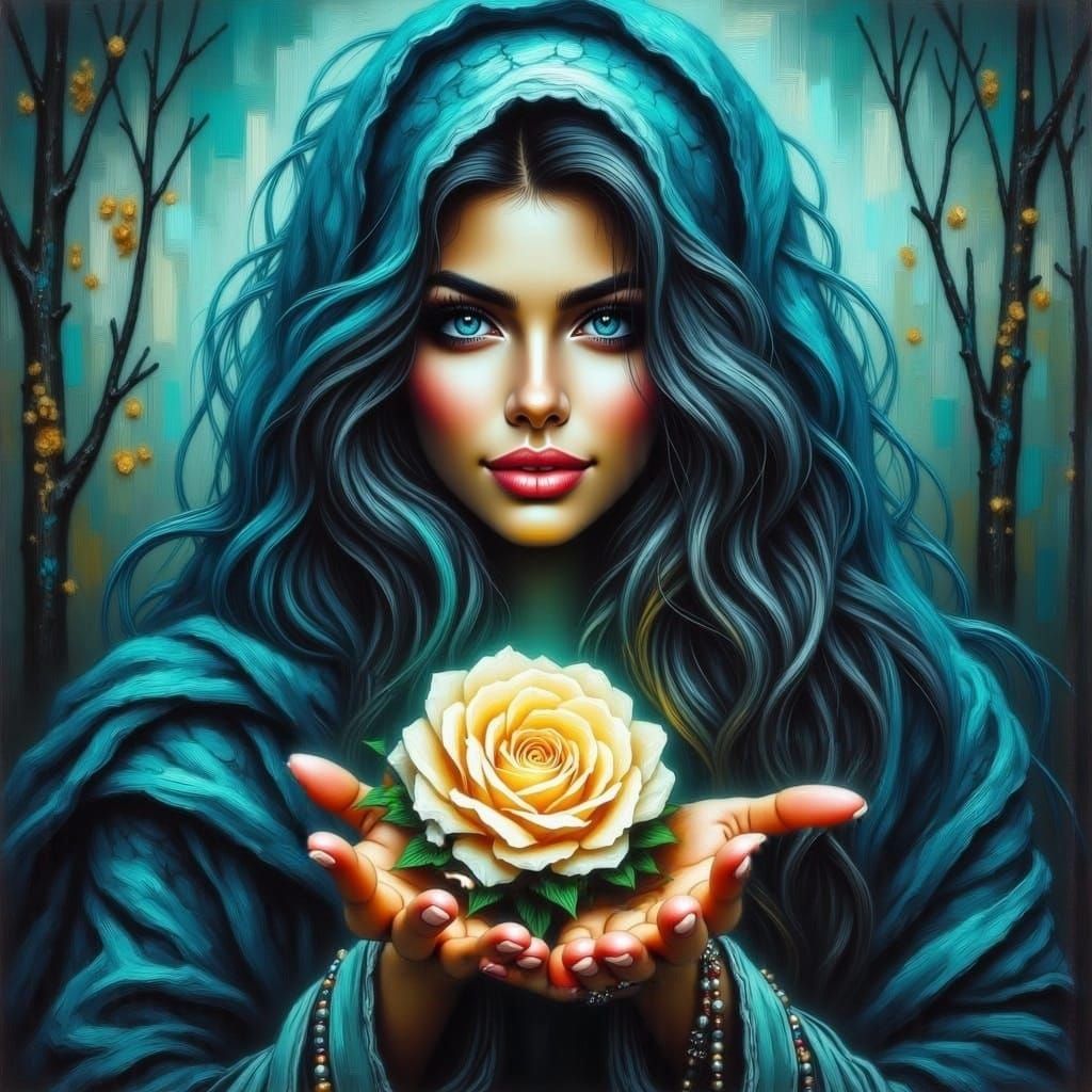 Woman in Teal Hijab Holding Bioluminescent Rose