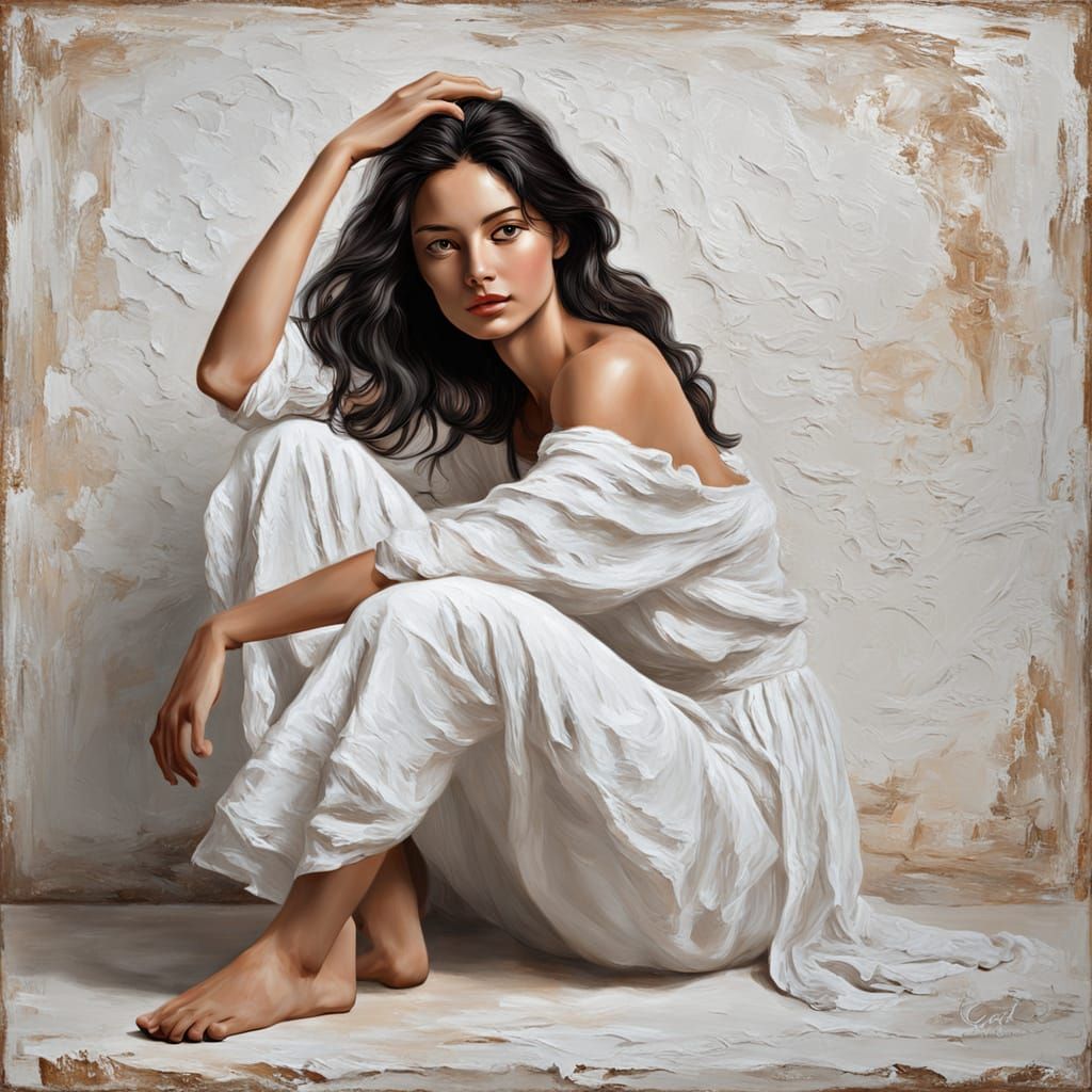Mediterranean Woman in Refined Pose, Impasto Painting