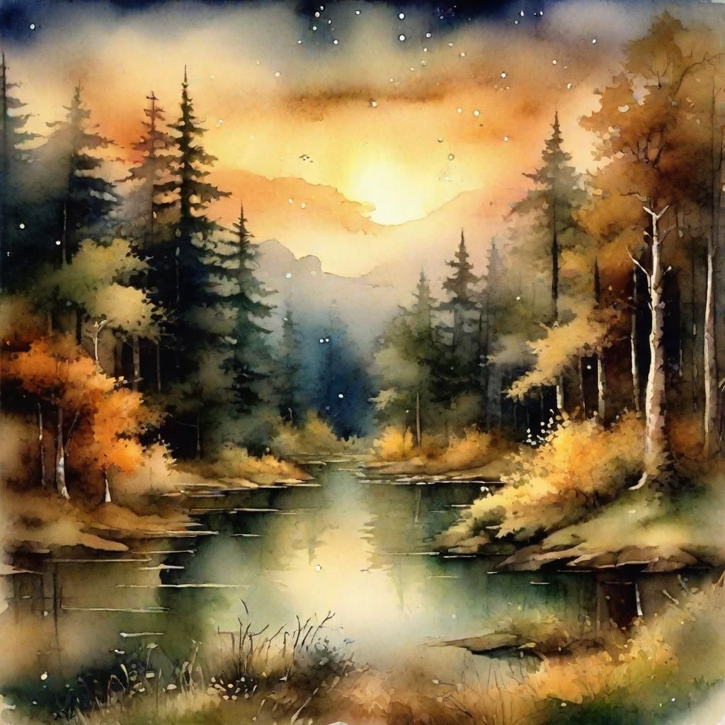 Antique Watercolor Forest Scape with Starry Sky