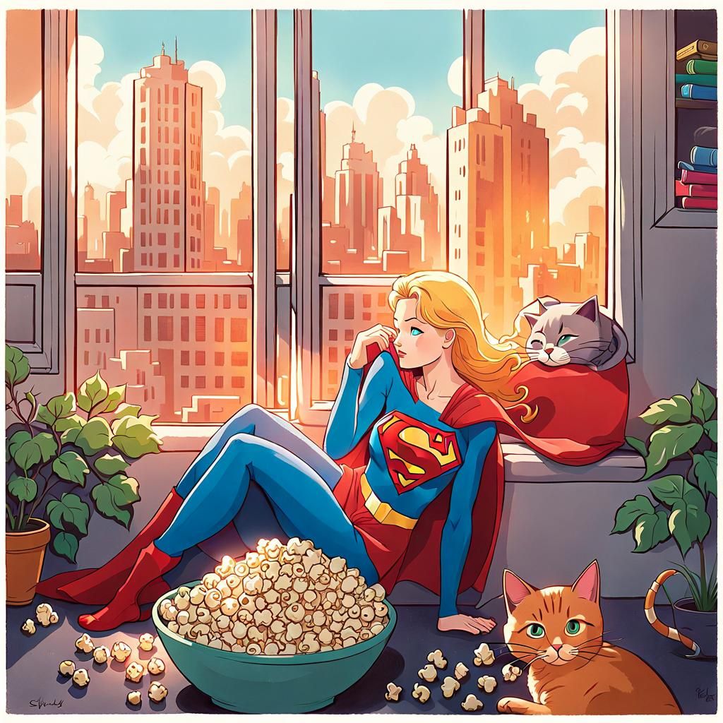 Supergirl Relaxes in Metropolis Apartment: Minimalist Cartoo...