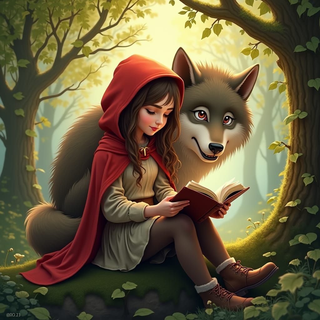 Girl Reading to Wolf in Enchanted Forest