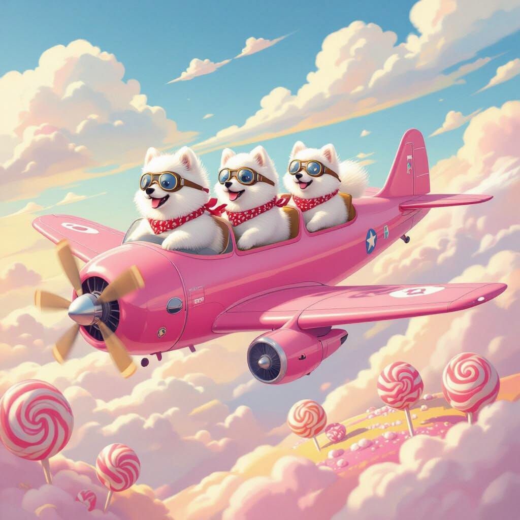 Pomeranian Pilots Fly Pink Plane Over Candy Land