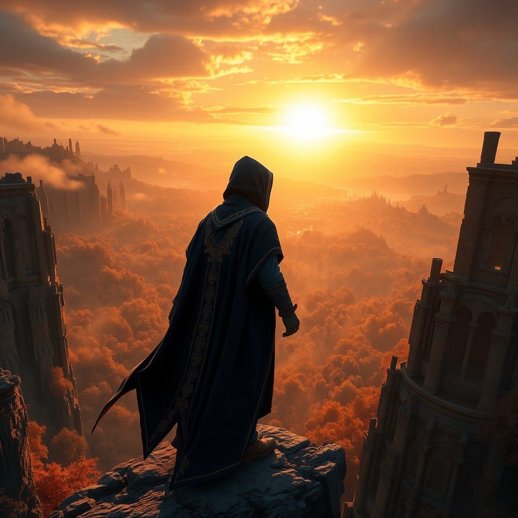 Archmage Gazes Upon Fantasy Realm in Golden Light
