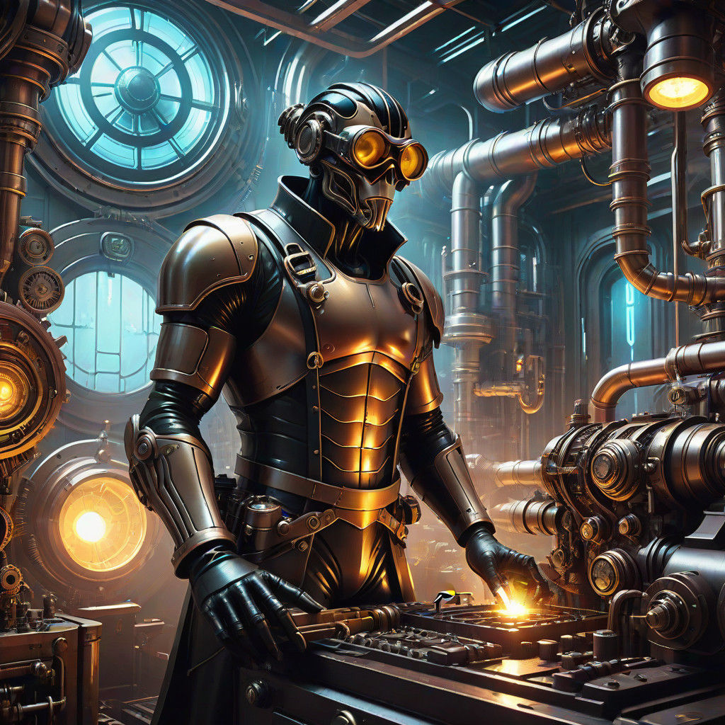 Steampunk Inventor Works on Futuristic Engine in Gears and C...