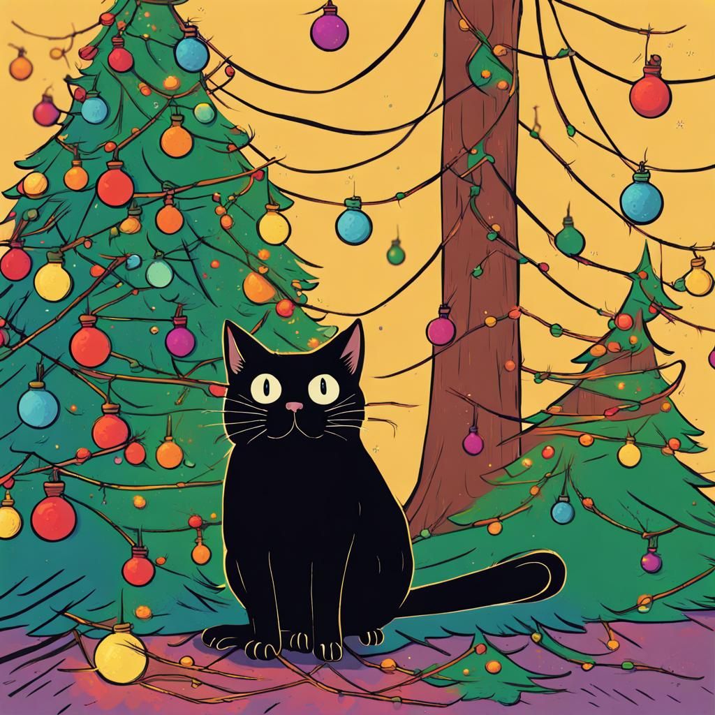 Cartoon Catastrophe: Black Cat's Christmas Tree Tumble