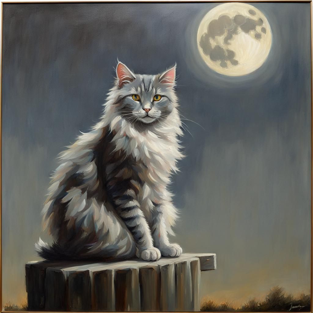 Grey Cat Under Moonlight, Oil Painting