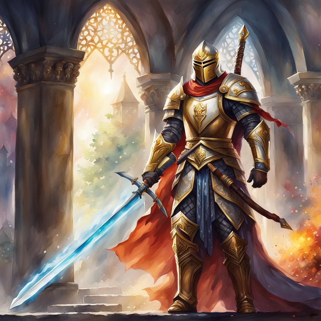 Holy Paladin with Epic Sword: Digital Watercolor Art