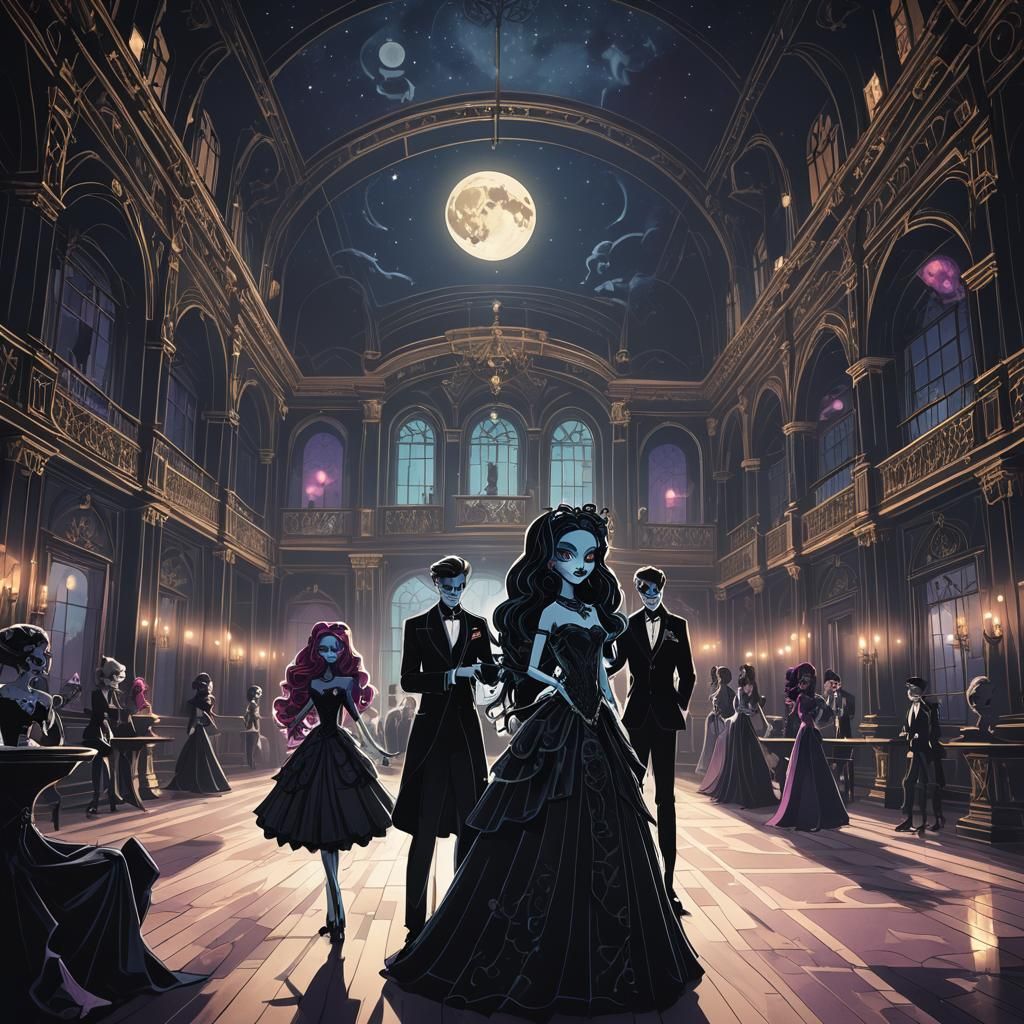Monster High Students in Gothic Ballroom: Dark Fantasy Art