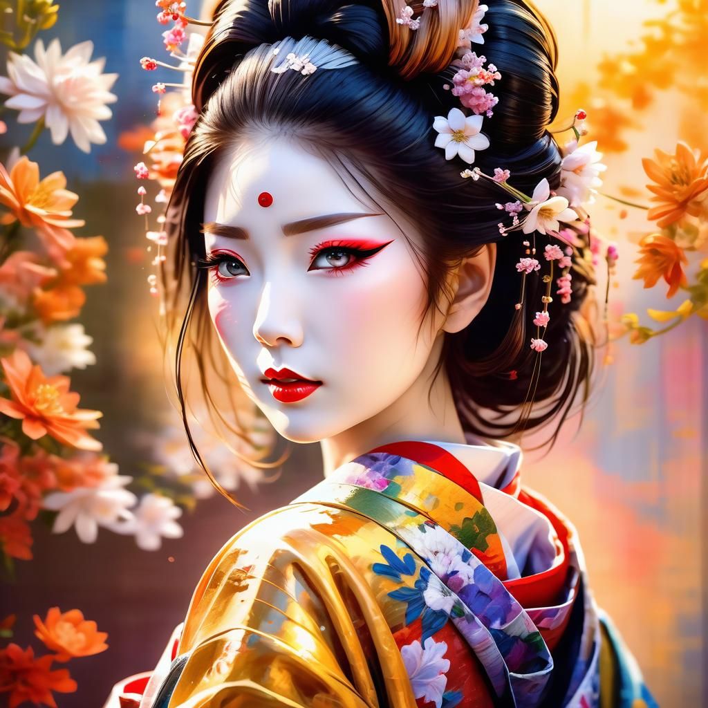 Geisha in Kimono with Flowers, Impasto Painting