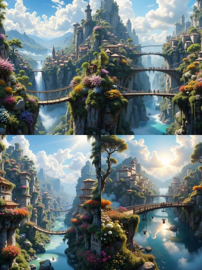 Villages Floating in Sky Connected by Bridges