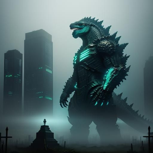 Mecha-Godzilla in Haunted Cemetery: Cyberpunk Sci-Fi