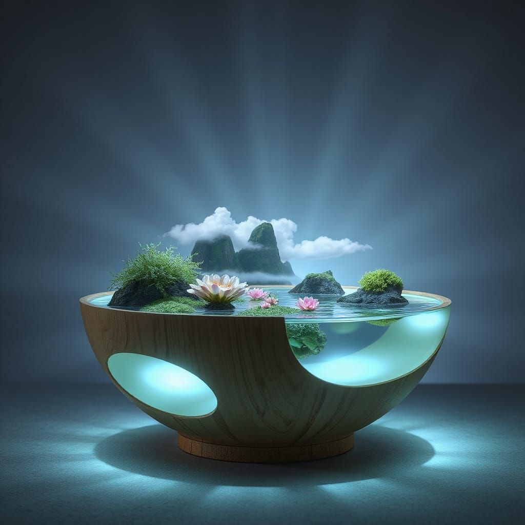 A beautifully crafted wooden bow with water that emits a gentle luminescence.