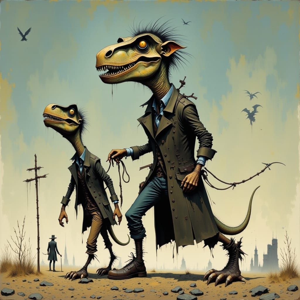Man Walks Dinosaur Pet in Gritty Surreal Style