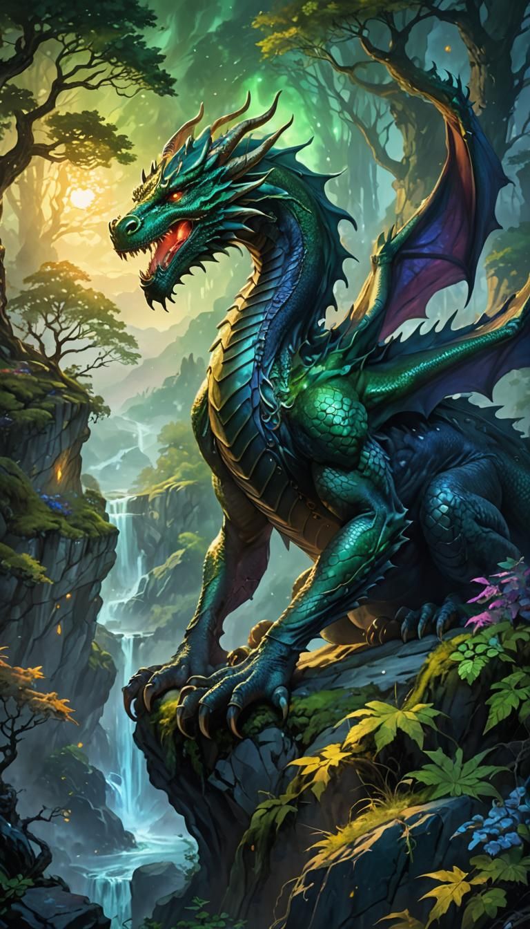 Majestic Dragon Overlooking Mystical Forest in Fantasy Art
