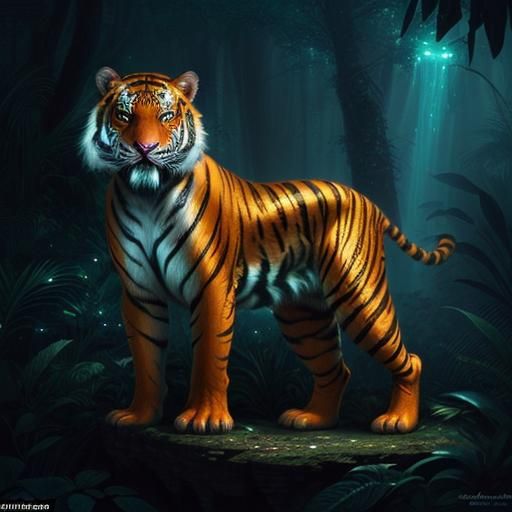 Bioluminescent Tiger in Magical Jungle Scene