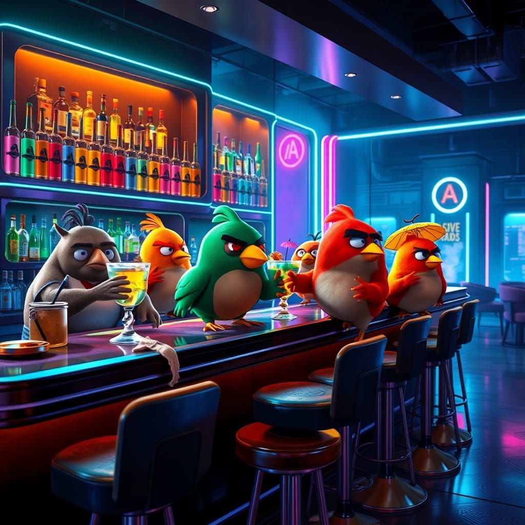 Vibrant Birds Gather at a Futuristic Bar, Polished by Cyberp...