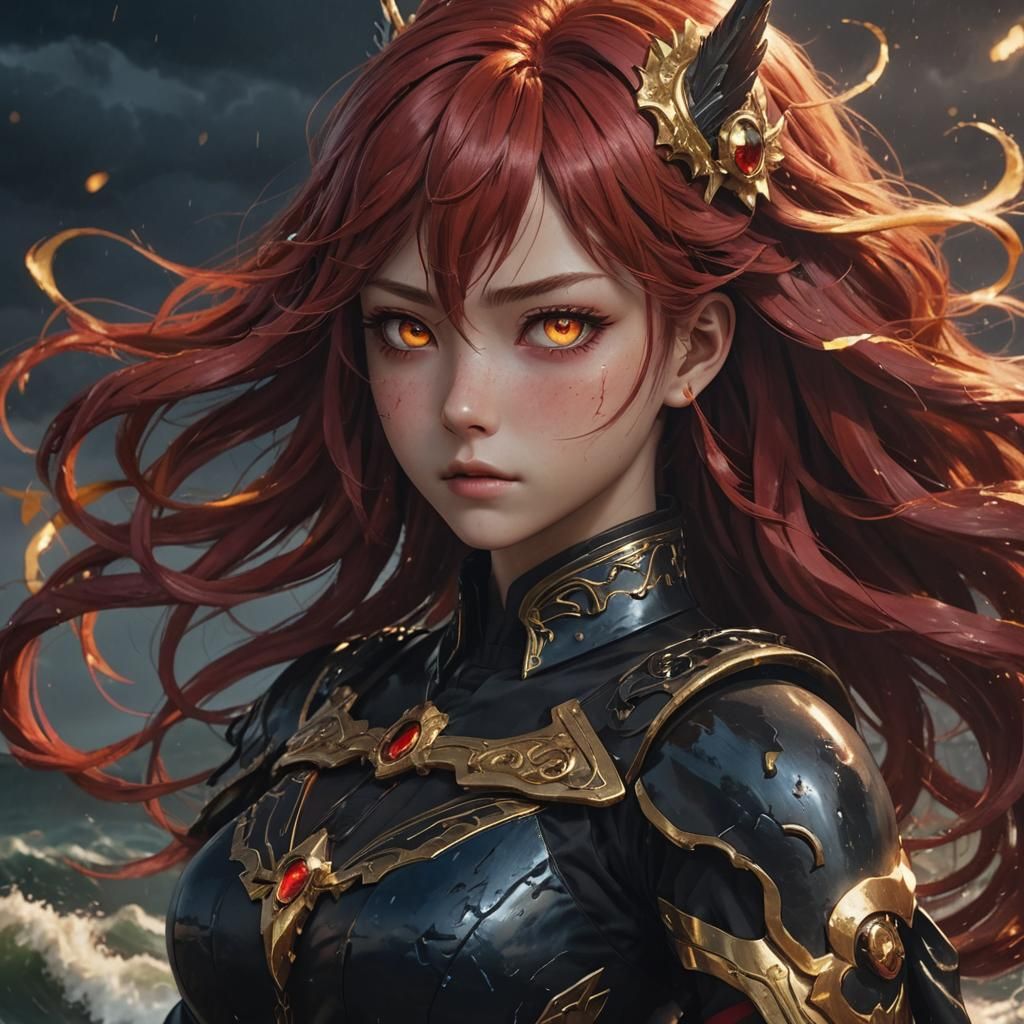 Makima with Crimson Hair and Red Halo in Anime Art