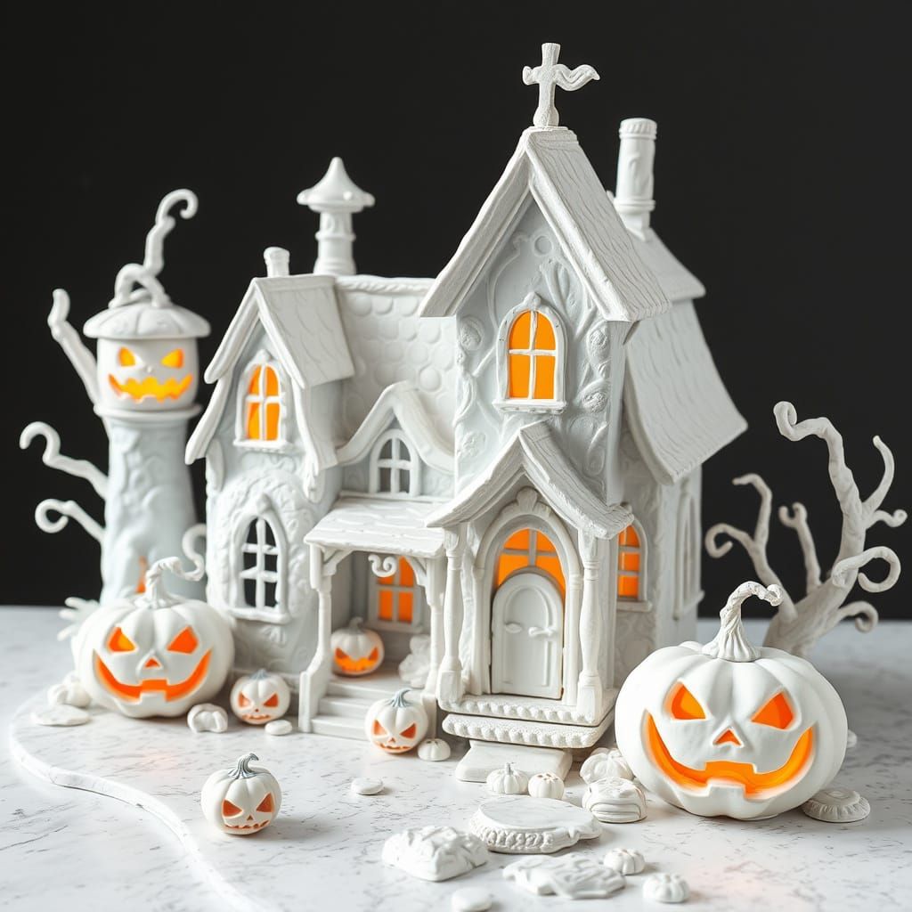 Spooky White Granite Haunted House with Jack O Lanterns
