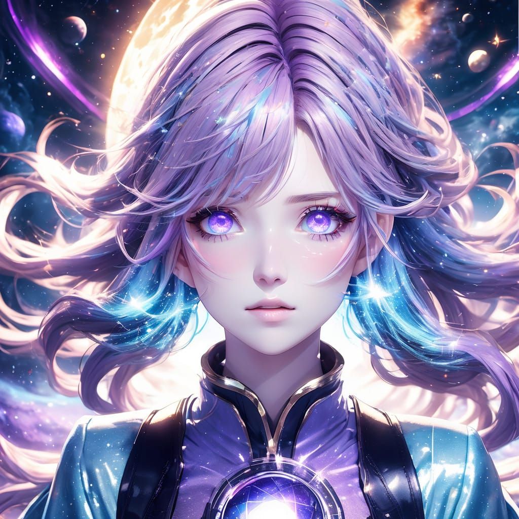 Anime Girl Amidst a Glittering Purple Nebula