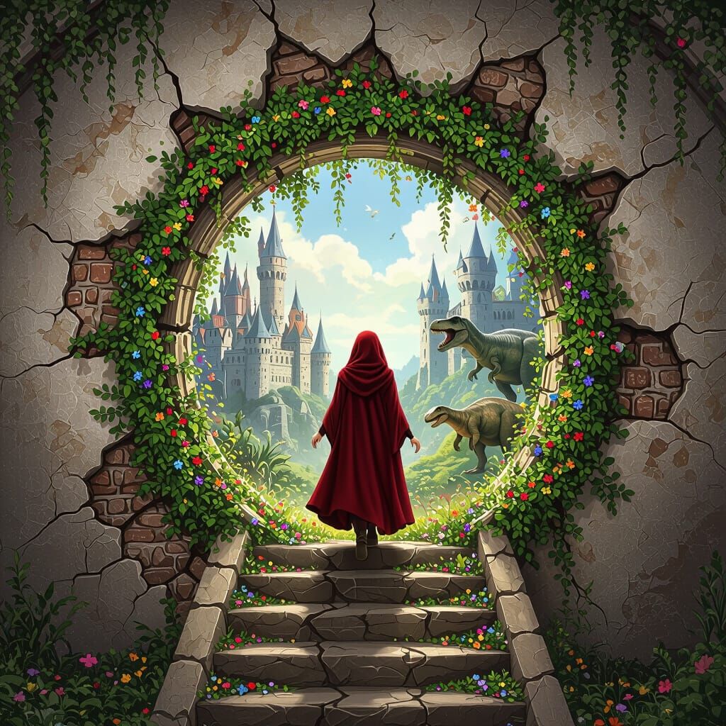 Mysterious Portal in Hippie Basement with Red Cloaked Figure