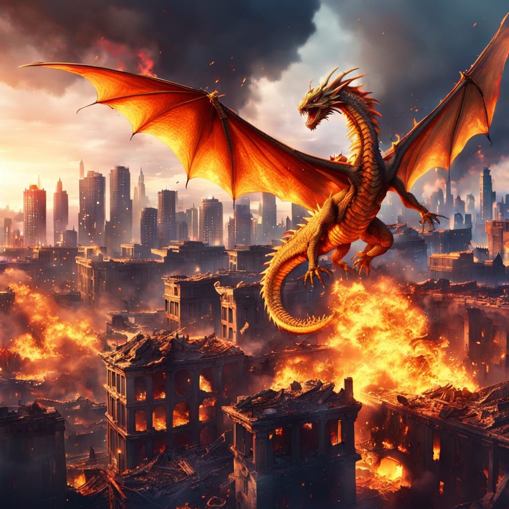 Fire Dragon Destroying City in Digital Triadic Colors