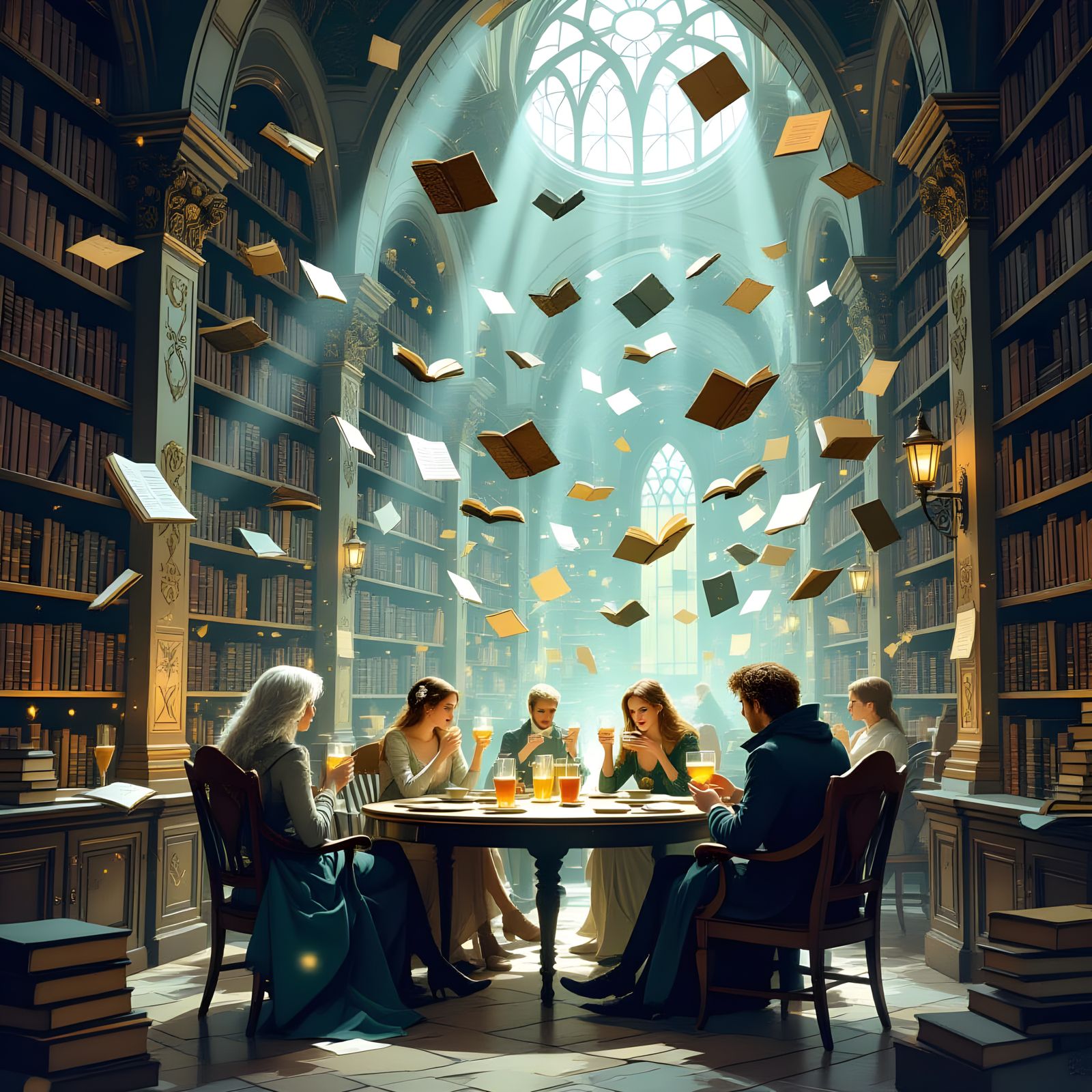 Whimsical Ancient Library with Floating Books and Glowing El...