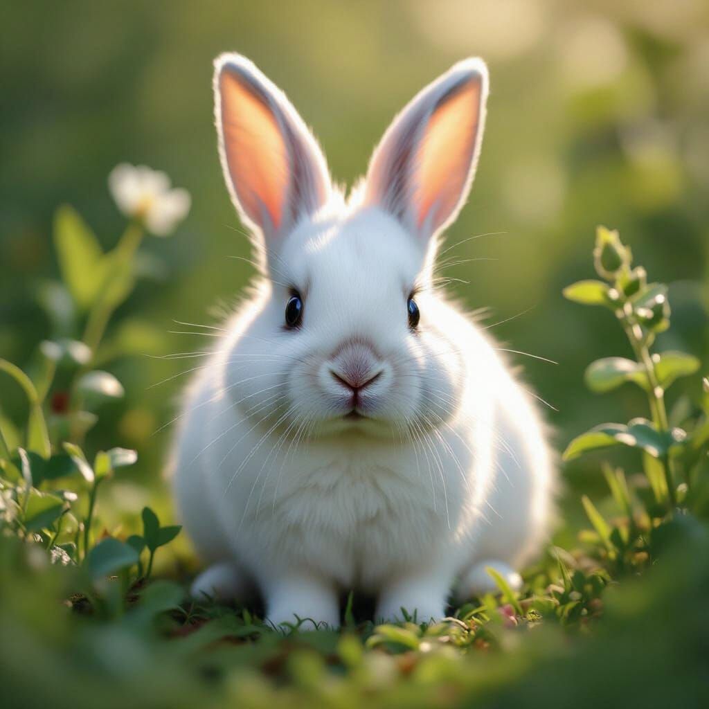 Charming White Rabbit in Pastoral Garden, Naturalist Style