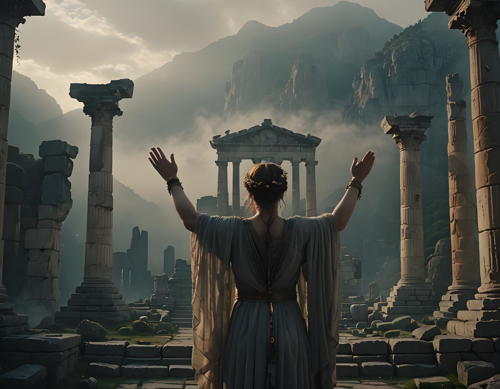 Ethereal Oracle of Delphi in Ancient Greek Ruins