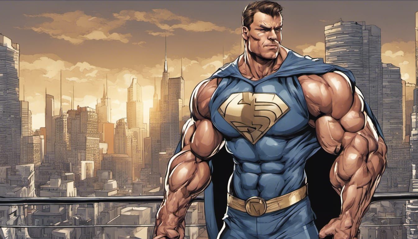 Superhero Bodybuilder Flexing in Cityscape Comic Art