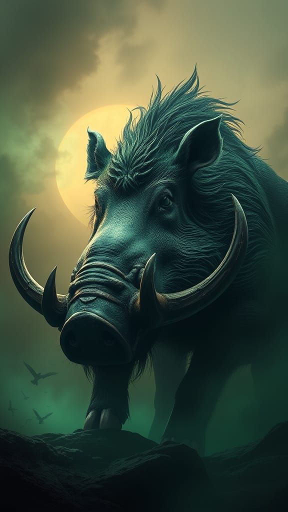 Giant Emerald Boar Dominates Dark Fantasy Landscape