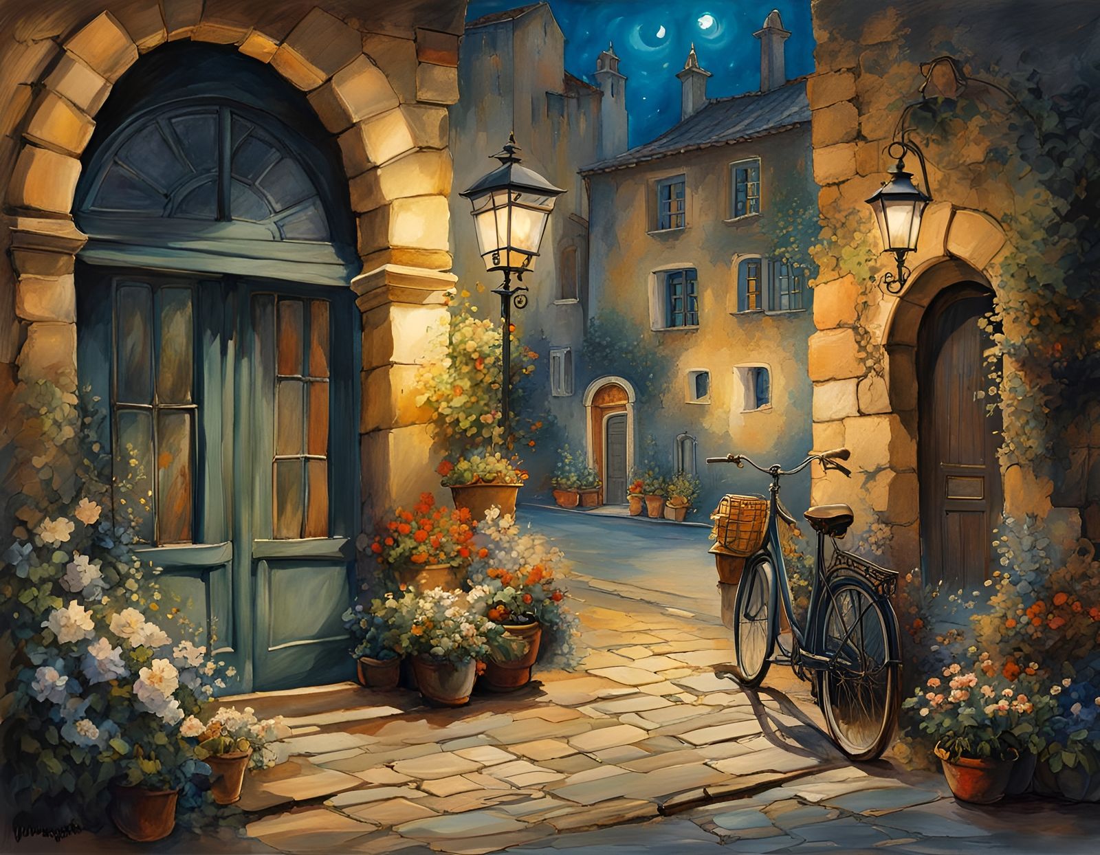 Eroding Stone Wall at Night in Rococo Style